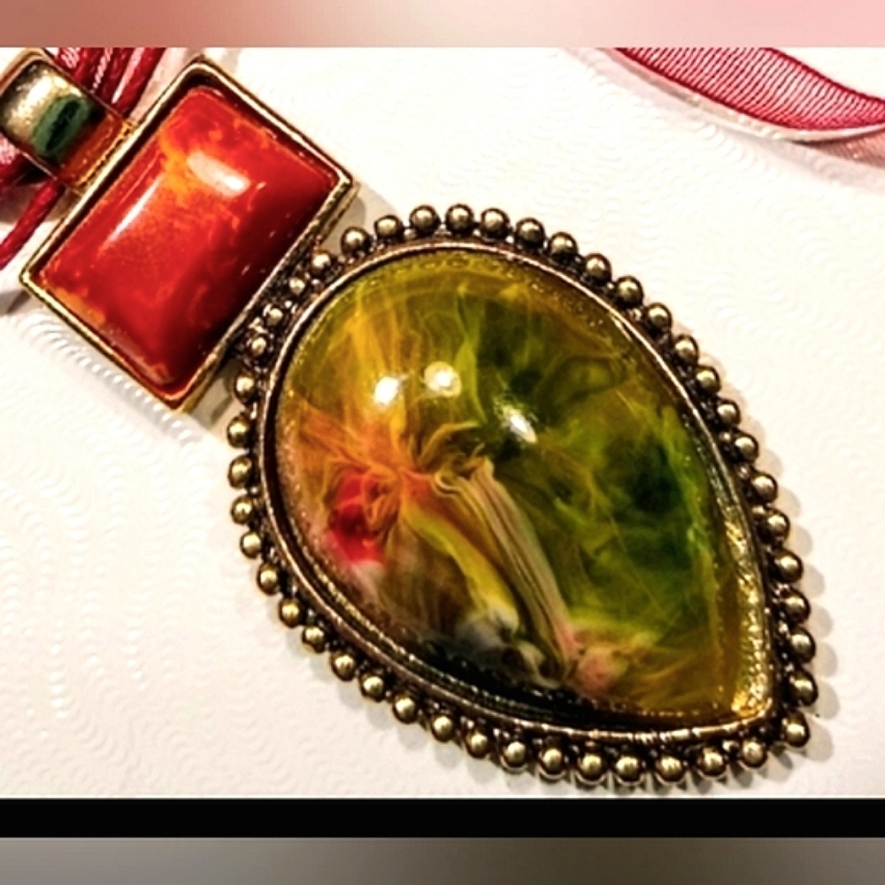 Roman Unakite Stone Pendant on Organza Ribbon Cord